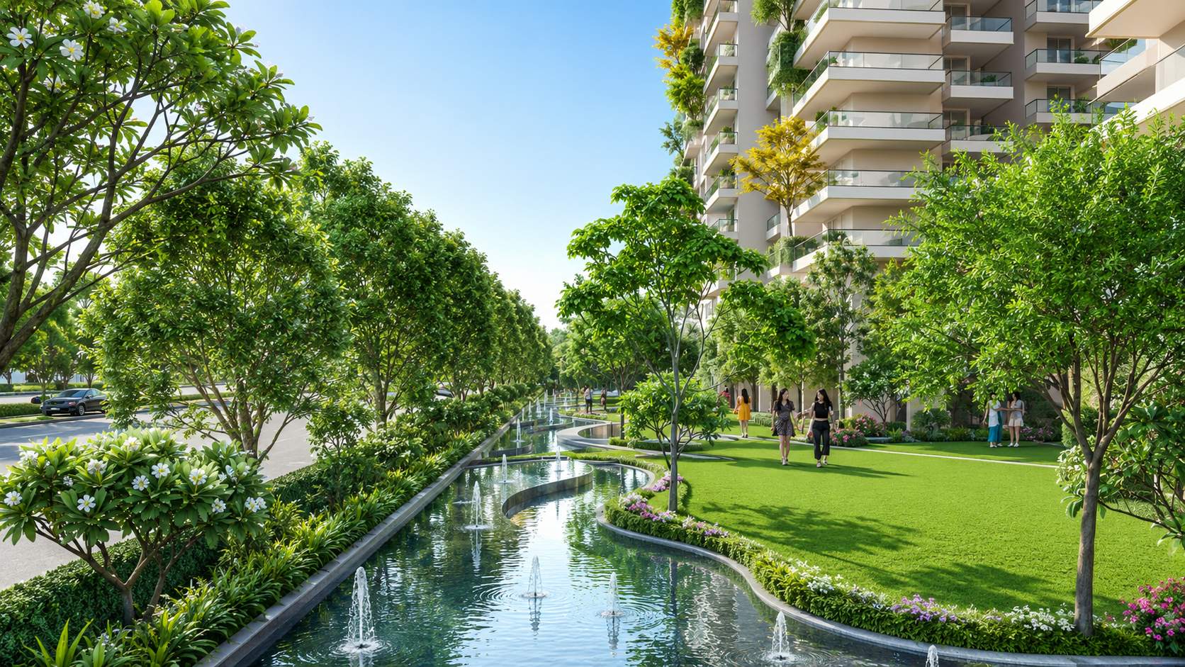 Event lawn and rivulet running through the Apex Èlyria campus